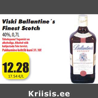 Allahindlus - Viski Ballantine´s Finest Scotch 40%, 0,7L