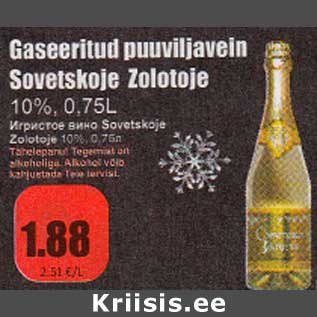 Allahindlus - Gaseeritud puuviljavein Sovetskoe Zolotoje 10%, 0,75 L