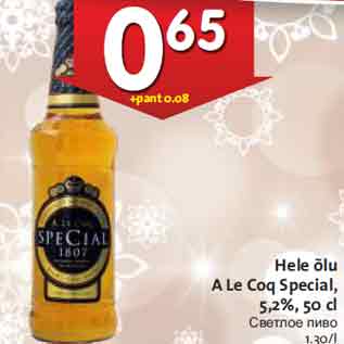 Allahindlus - Hele õlu A Le Coq Special, 5,2%, 50 cl