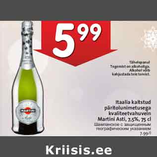 Allahindlus - Itaalia kaitstud päritolunimetusega kvaliteetvahuvein Martini Asti, 7,5%, 75 cl