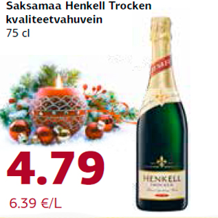 Allahindlus - Saksamaa Henkell Trocken kvaliteetvahuvein 75 cl