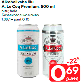 Allahindlus - Alkoholivaba õlu A. Le Coq Premium, 500 ml