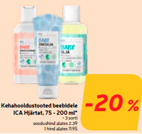 Kehahooldustooted beebidele ICA Hjärtat, 75 - 200 ml* -20%