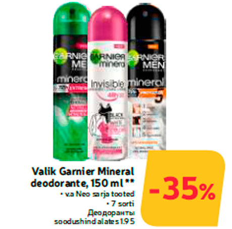 Valik Garnier Mineral deodorante, 150 ml **  -35%