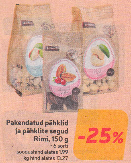 Pakendatud pähklid ja pähklite segud Rimi, 150 g  -25%