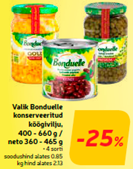 Valik Bonduelle konserveeritud köögivilju, 400 - 660 g / neto 360 - 465 g -25%