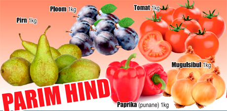 Pirn, 1 kg; Ploom, 1 kg; Tomat, 1 kg; Paprika(punane), 1 kg; Mugulsibul, 1 kg  -   PARIM HIND