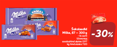 Šokolaadid Milka, 87 – 300 g  -30%

