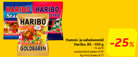 Kummi- ja vahukommid Haribo, 85 - 100 g -25%
