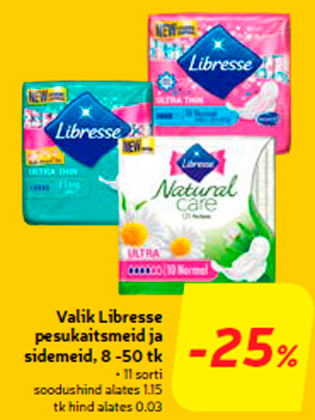 Valik Libresse pesukaitsmeid ja sidemeid, 8 -50 tk  -25%
