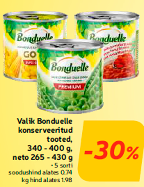 Valik Bonduelle konserveeritud tooted, 340 - 400 g, neto 265 - 430 g -30%