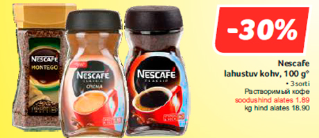 Nescafe lahustuv kohv, 100 g*   -30%