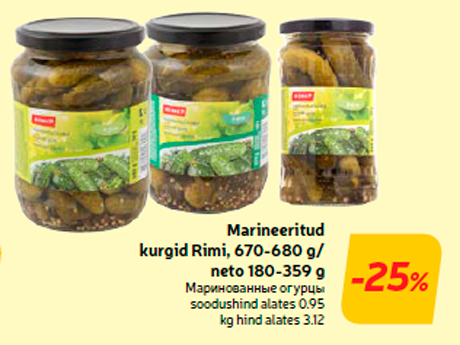 Marineeritud kurgid Rimi, 670-680 g/ neto 180-359 g  -25%