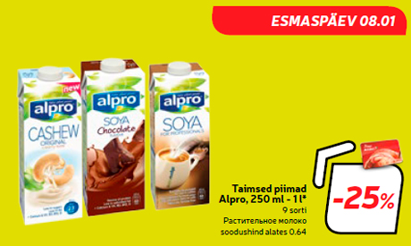 Taimsed piimad Alpro, 250 ml - 1 l*  -25%