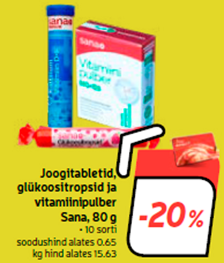 Joogitabletid, glükoositropsid ja vitamiinipulber Sana, 80 g -20%