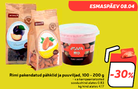 Rimi pakendatud pähklid ja puuviljad, 100 - 200 g -30%