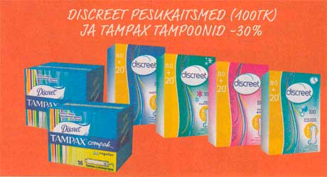 DISCREET PESUKAITSMED (100TK) JA TAMPAX TAMPOONID -30%