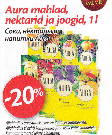 Aura mahlad, nektarid ja joogid, 1 l -20%