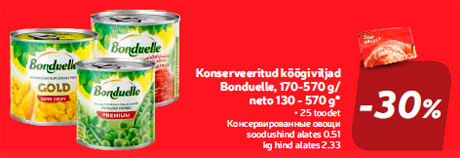 eeritud köögiviljad Bonduelle, 170-570 g/neto 130 - 570 g*  -30%