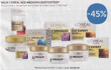 VALIK L´OREAL AGE NÄOHOOLDUSTOOTEID*  -45%