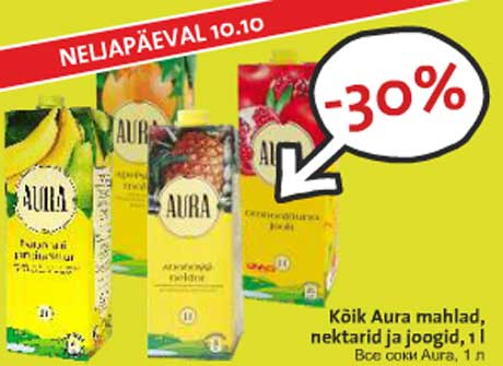 Kõik Aura mahlad, nektarid ja joogid, 1 l -30%