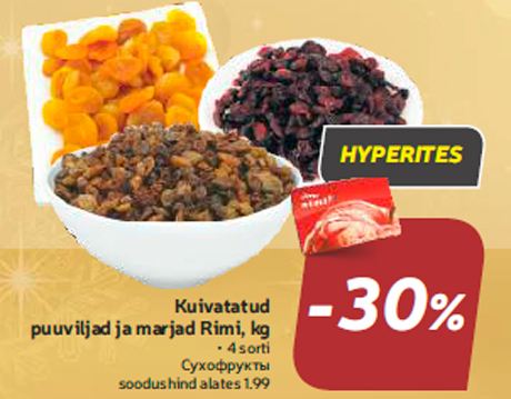 Kuivatatud puuviljad ja marjad Rimi, kg  -30%
