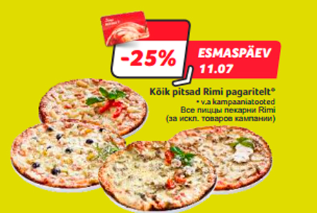 Kõik pitsad Rimi pagaritelt*  -25%