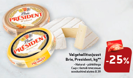 Valgehallitusjuust  Brie, President, kg**  -25%