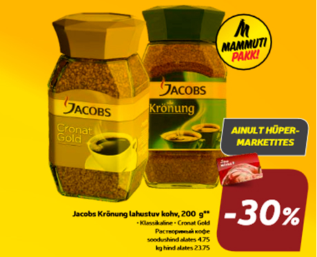 Jacobs Krönung lahustuv kohv, 200 g**  -30%