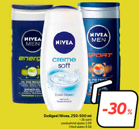 Dušigeel Nivea, 250-500 ml  -30%
