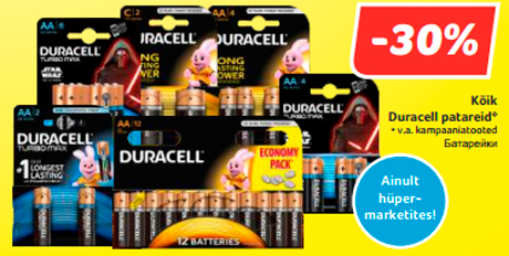 Kõik Duracell patareid*   -30%