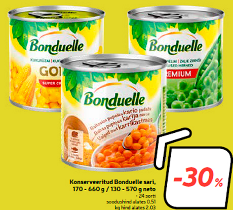 Konserveeritud Bonduelle sari, 170 - 660 g / 130 - 570 g neto -30%