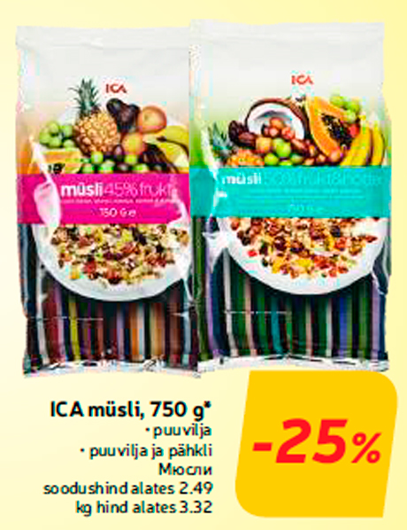 ICA müsli, 750 g*  -25%