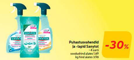 Puhastusvahendid ja -lapid Sanytol  -30%
