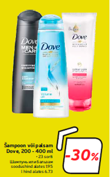 Šampoon või palsam Dove, 200 - 400 ml  -30%