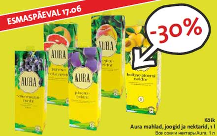 Kõik Aura mahlad, joogid ja nektarid, 1 l -30%