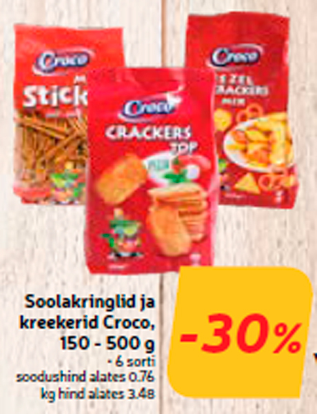 Soolakringlid ja kreekerid Croco, 150 - 500 g -30%