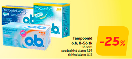 Tampoonid o.b, 8-56 tk  -25%