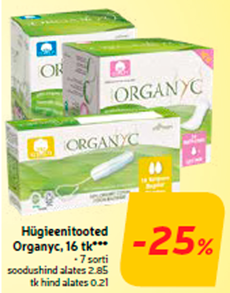 Hügieenitooted Organyc, 16 tk***  -25%
