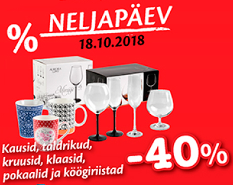 Kausid, taldrikud, kruusid, klaasid, pokaalid ja köögiriistad  -40%