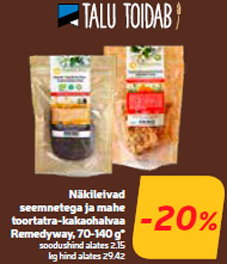 Näkileivad seemnetega ja mahe toortatra-kakaohalvaa Remedyway, 70-140 g*  -20%