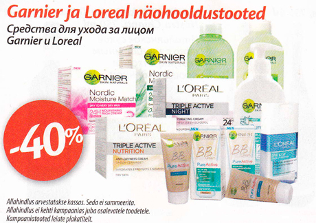 Garnier ja Loreal näohooldustooted  -40%