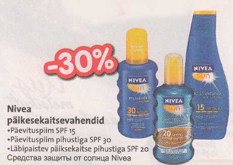 Nivea päikesekaitsevahendid .Päevituspiim SPF 15
.Päevituspiim pihustiga SРF 30 .Liibipaistev päiksekaitse pihustiga SРF 20