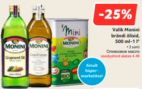 Valik Monini brändi õlisid, 500 ml-1 l*  -25%