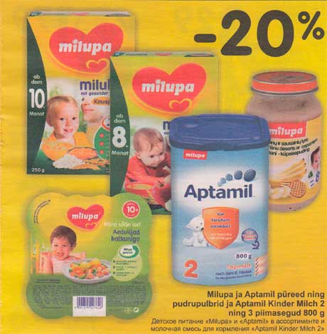 Milupa ja Aptamil püreed ning pudrupulbrid ja Aptamil Kinder Milch 2 ning 3 piimasegud 800g