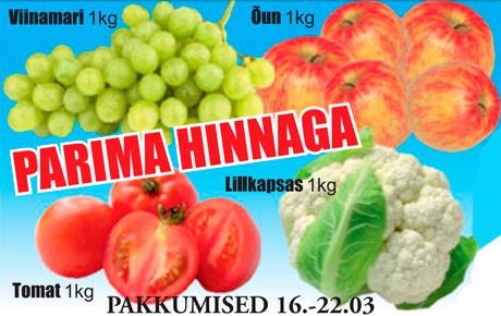 Vinamari, 1 kg; Õun, 1 kg; Tomat, 1 kg; Lillkapsas, 1 kg - PARIMA HINNAGA