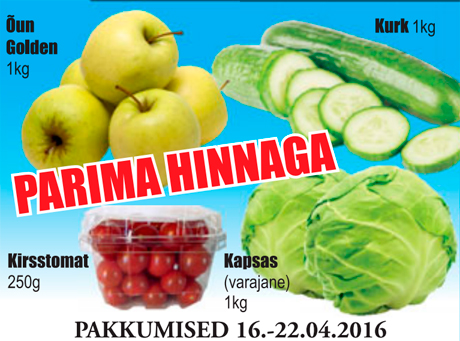 Õun Golden 1 kg; Kurk 1 kg; Kirsstomat 250 g; Kapsas (varajane) 1 kg  - PARIM HINNAGA