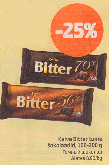 Kalev Bitter tume šokolaadid, 100-200 g  -25%