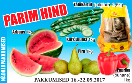 Talukartul (pakitud) 2,5 kg; Arbuus 1 kg; Kurk Luunja 1 kg; Pirn 1 kg; Paprika (punane) 1 kg  -  PARIM HIND