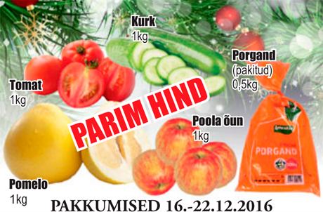 Pomelo 1kg; Poola õun 1kg; Tomat 1kg; Kurk 1kg; Porgand (pakitud) 0,5kg -  PARIM HIND